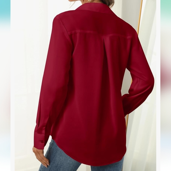 Luxveer Women's Long Sleeve Button Down Classic Collared Shirt ~ Wine Red - Picture 2 of 10